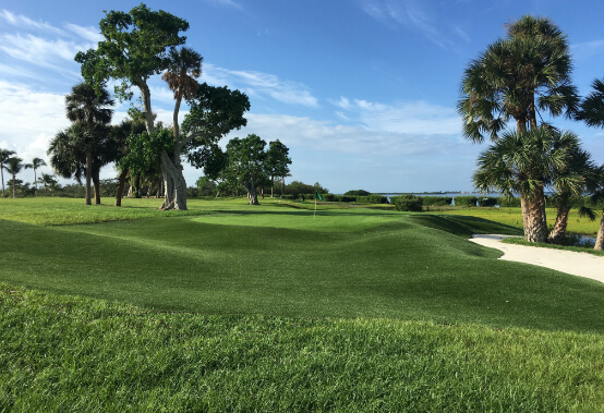 trees and sand traps frame the fairway of a par 3 hole